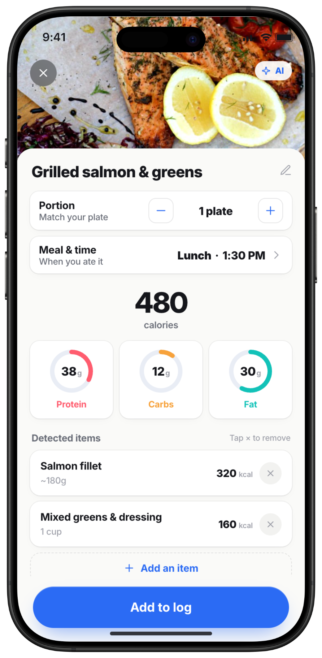Meal result with calories, macros and a per-item breakdown